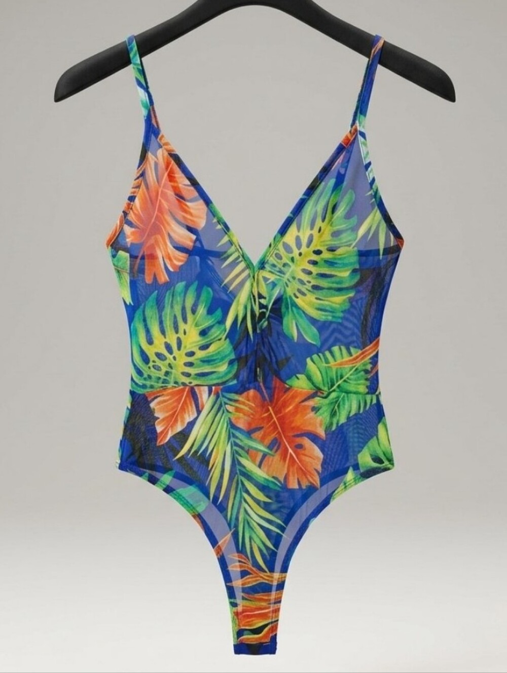 LOVE J Tropical Leaf Print Mesh  One-Piece Swimsuit - Blue & Green Sz S